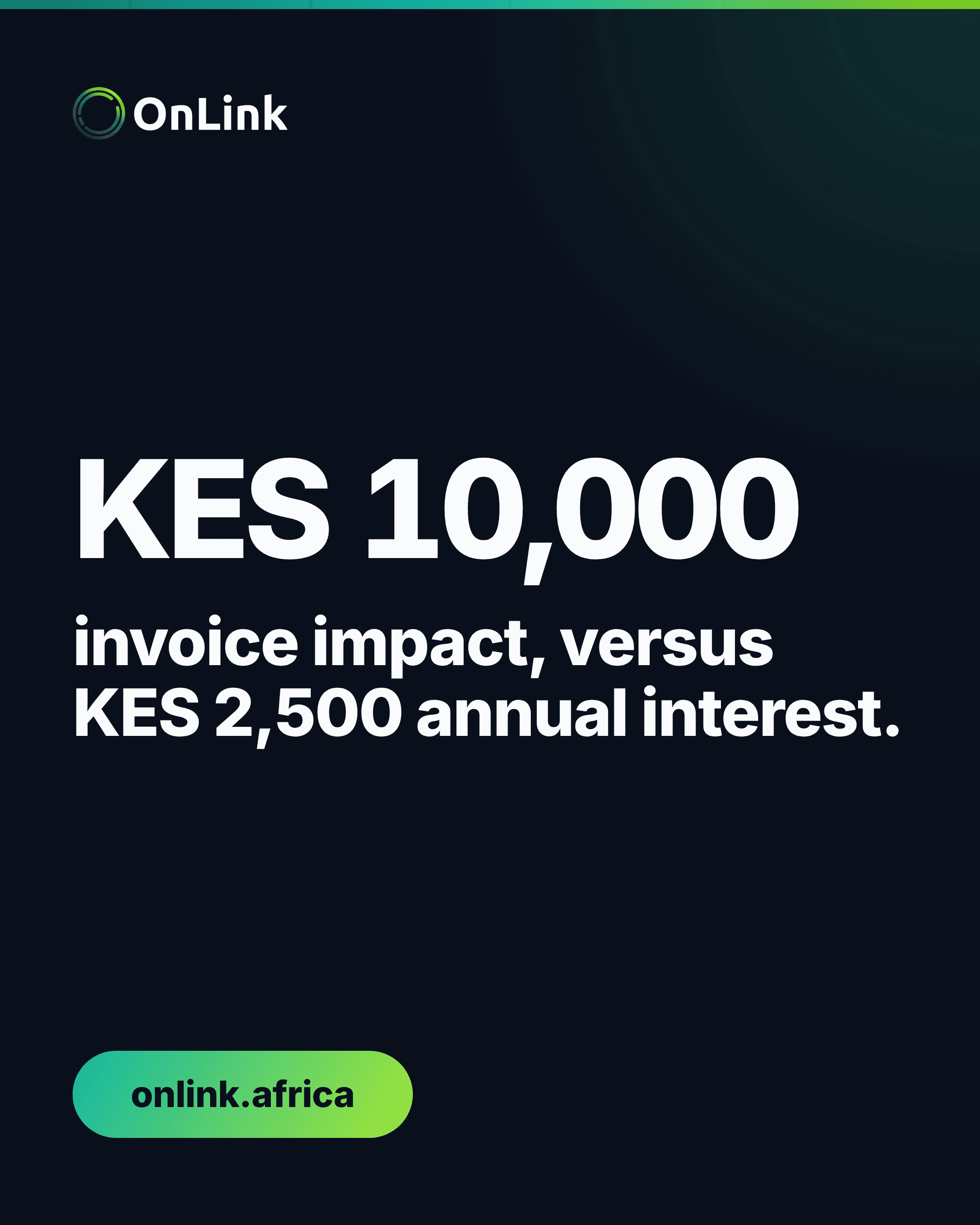 OnLink chart comparing KES 2,500 in annual interest with KES 10,000 on a USD 10,000 supplier invoice
