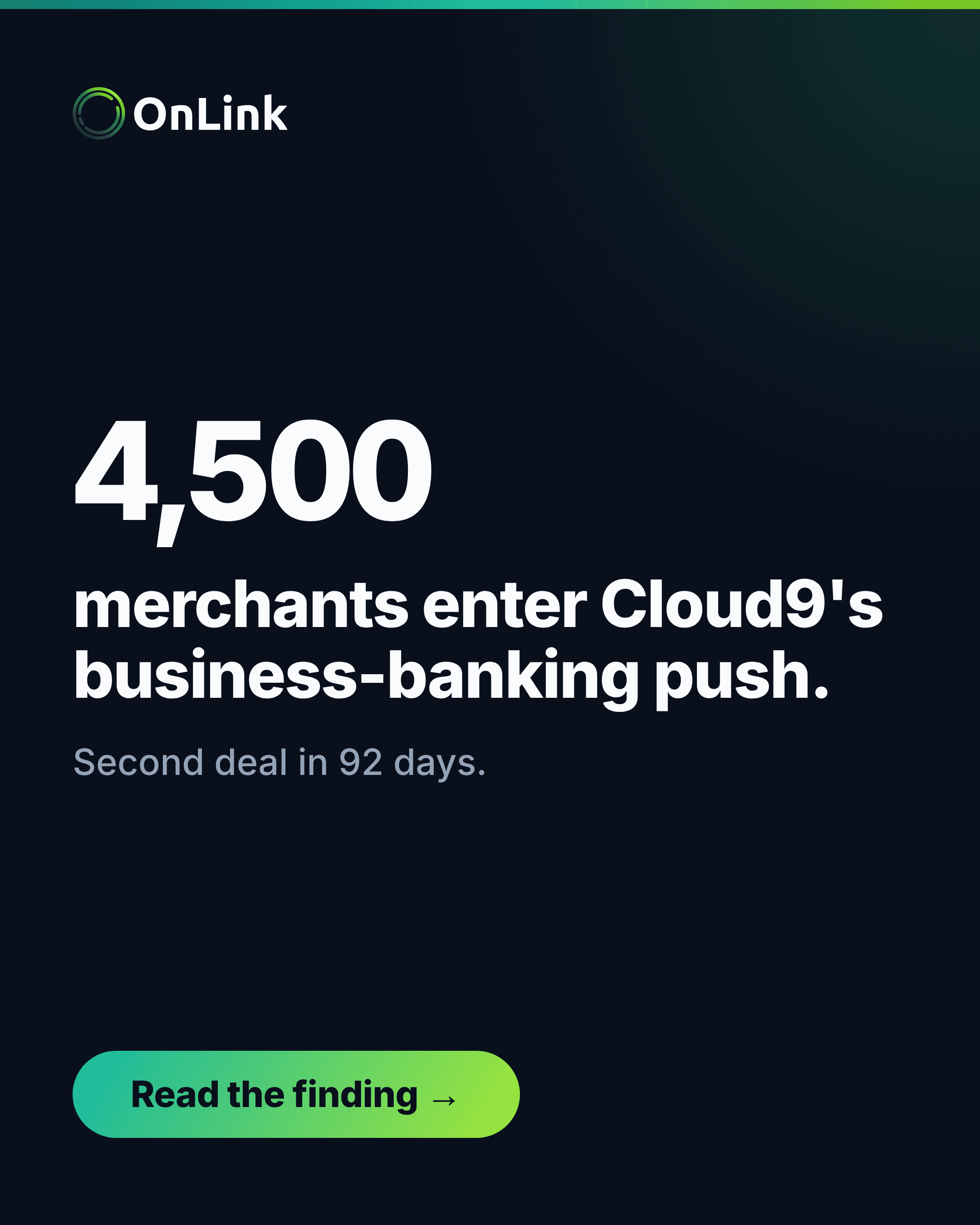 OnLink graphic showing 4,500 merchants entering Cloud9's business-banking push